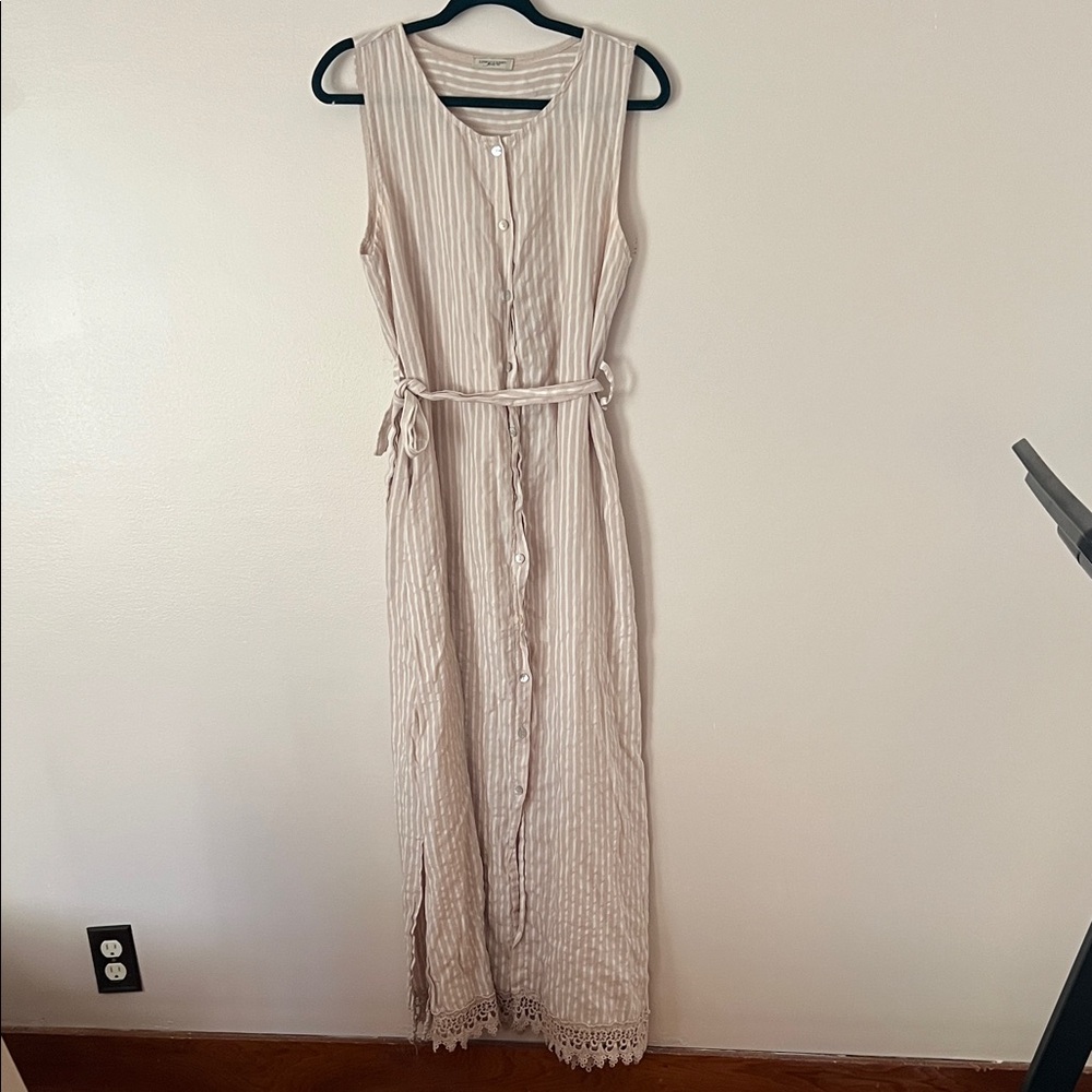 Beige Striped Maxi Dress with crochet Detail
